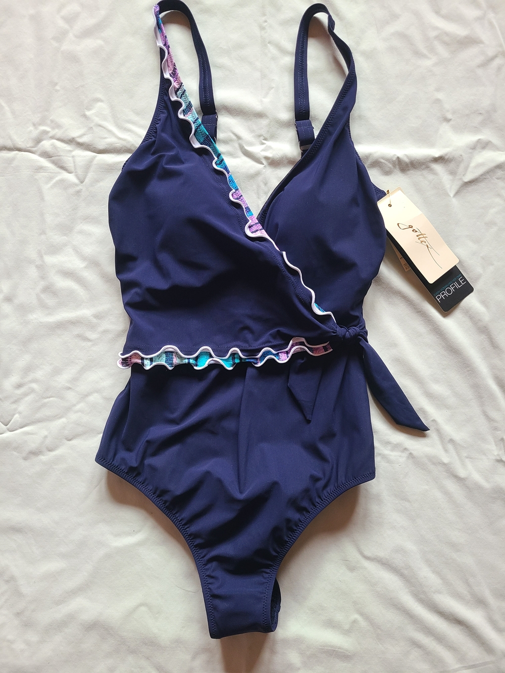 Profile by Gottex Canva navy one-piece swimsuit womens 10 multi color ruffle tri
